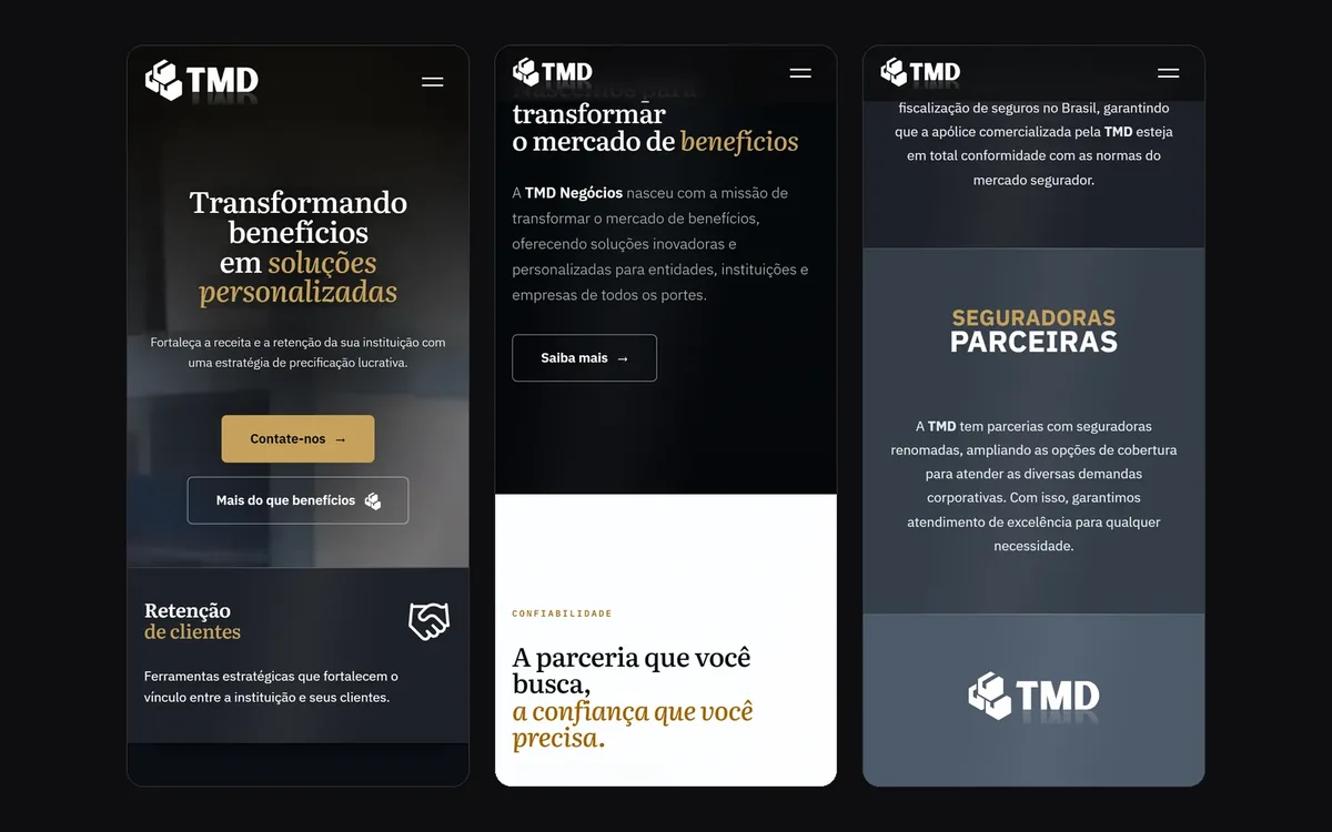 O institucional de uma administradora de benefícios. TMD Negócios, Apps